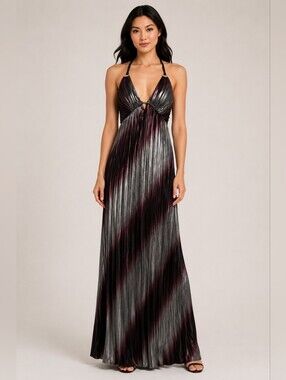 Morgan & Co. Metallic Black and Plum Halter Pleated Maxi Dress